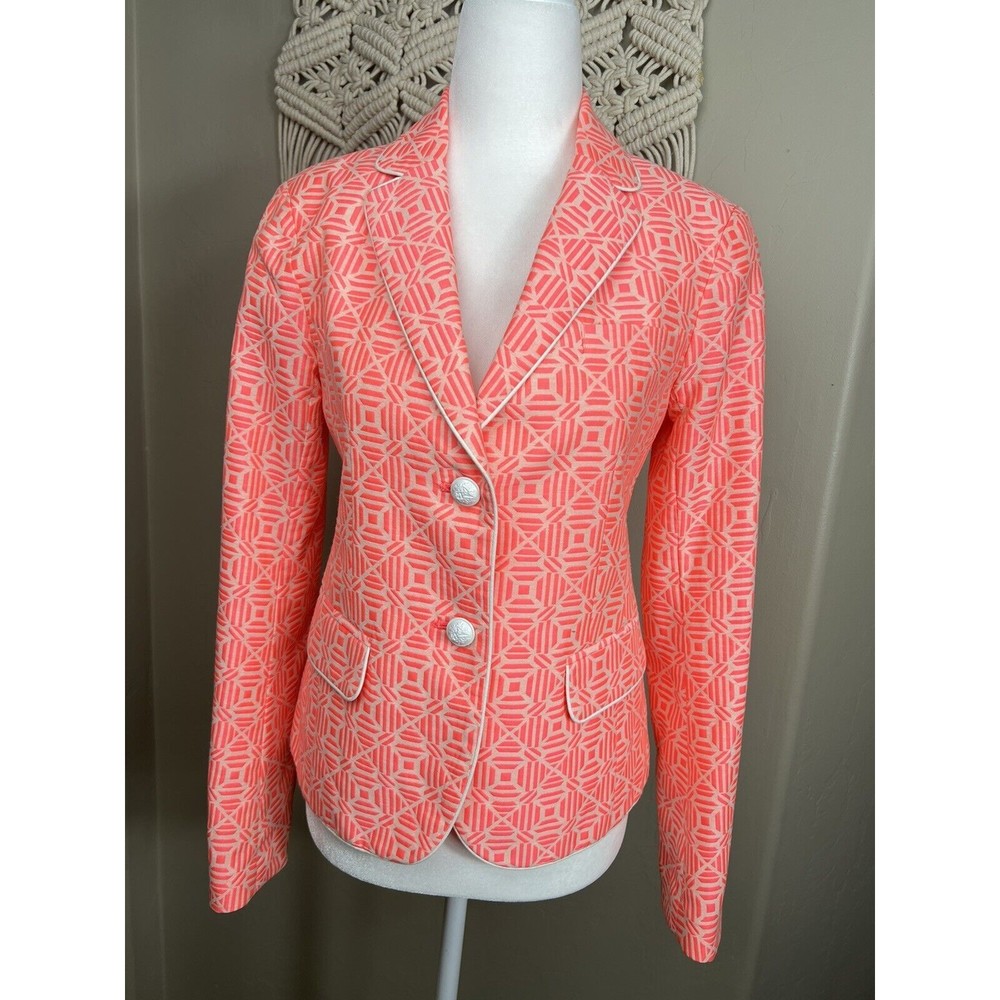 GAP Academy Blazer ~ Size 0 ~ Neon Coral Pink White Preppy Geometric Design